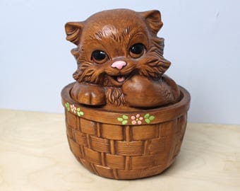Vintage Ceramic Kitten in a Basket Cookie Jar