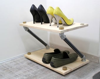 Industrial shoe rack, wooden shoe rack, shoes organizer, loft shelf,metal pipe shelf, entryway shoe stand, shoe storage, minimalist rack