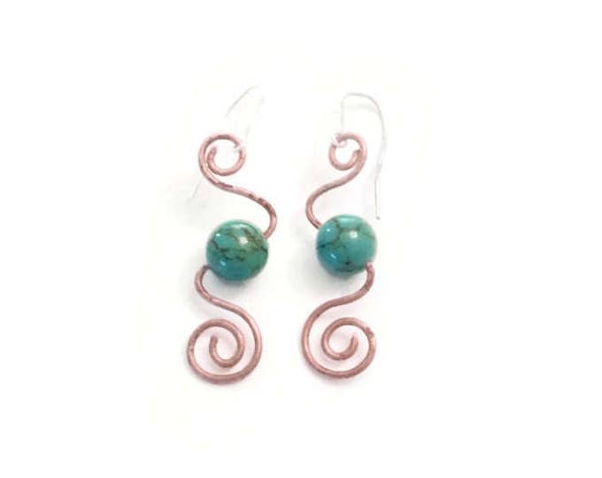 Turquoise and Copper Swirl Dangle Earrings, December Birthstone Earrings, Hypoallergenic Earrings