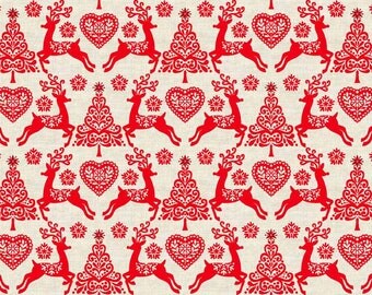 Scandinavian Christmas material - Red Christmas fabric - Scandinavian fabric - reindeer fabric - cotton fabric - Quilting fabric