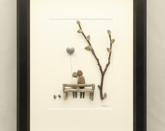 Pebble art picture, Couple sat on a bench, Valentine's Gift, pebble art heart.