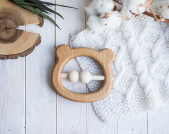 Organic Wooden Teether. Organic Wooden Rattle Toy. Beech teething Toy. Natural Wooden Toy. Teddy Bear rattle. Eco Friendly.