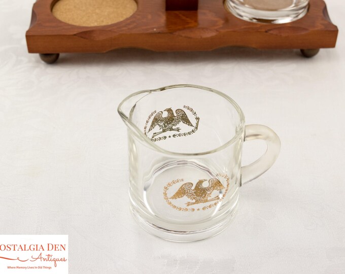 Vintage Creamer and Sugar Set on Wooden Tray | Clear Glass with Gold Federal Eagle