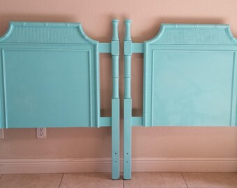 Pair of Turqouise Pagoda Faux Bamboo Twin Headboards