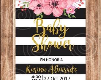 Invitation Baby Shower, Flowers, Kate Spade, flowers, pink, black.