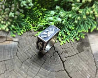 Handmade ooak oxidized sterling signet ring rising sun rose and flower, OOAK statement silver ring, sun ring, Artisan silver men ring