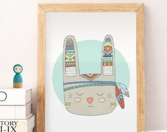 bunny wall art, Bunny print, 50% OFF rabbit art, rabbit poster, bunny kids art, nursery decor, nursery art, playroom , Animals art, TRIBAL