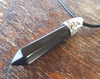 Black Onyx Pendant, Black Onyx, Necklace, Pendant, Silver Necklace, 4x1 cm, 1/3x1+ inches, Hexagonal Point, Crystal Point, Healing Stone