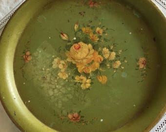 Lovely French Antique Hand Painted Toleware Napoleon III Tray with Floral Decor / 19th Century French Serving Tray / Shabby Cottage Chic