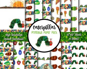 Very Hungry Caterpillar Scrapbook Paper, Very Hungry Caterpillar Printable Paper, Very Hungry Caterpillar Digital Paper, Caterpillars