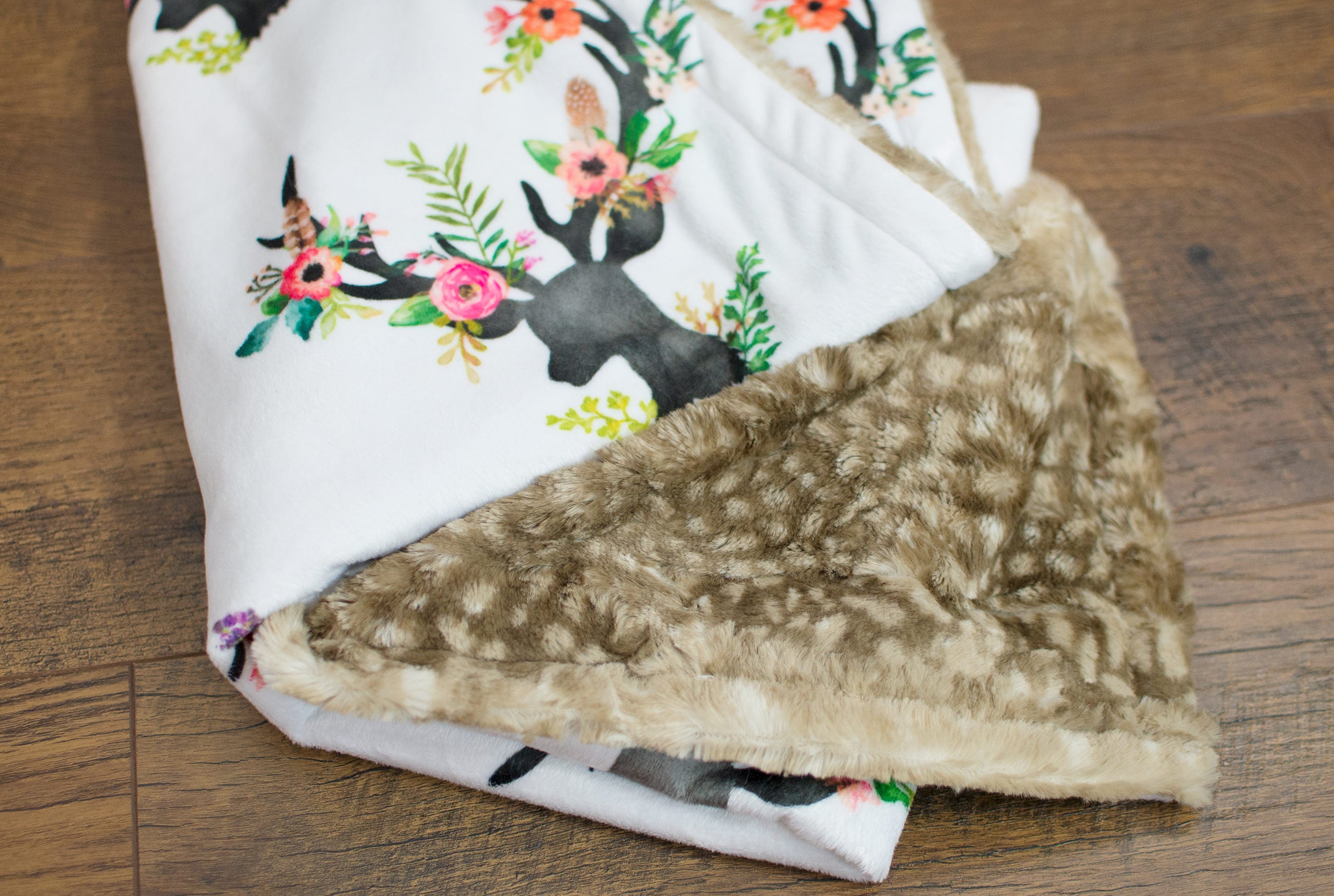 Floral Deer Minky Faux Fawn Fur baby blanket baby swaddle