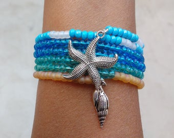 Starfish Bracelet, Seashell Bracelet, Seashore Bracelet, Memory Wire Bracelet, Wrap Around Bracelet, Sea Shell Bracelet, Ocean Bracelet