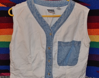 Vintage 80s 90s White Denim Trim Button up Crop Top Size Small