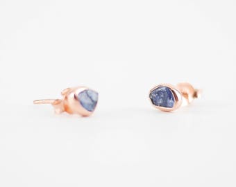 Sapphire Rose Gold Earrings Studs | Rose Gold Earrings | Sapphire Earrings | Raw Sapphire Stones | Anniversary Gifts | Bridesmaid Gifts
