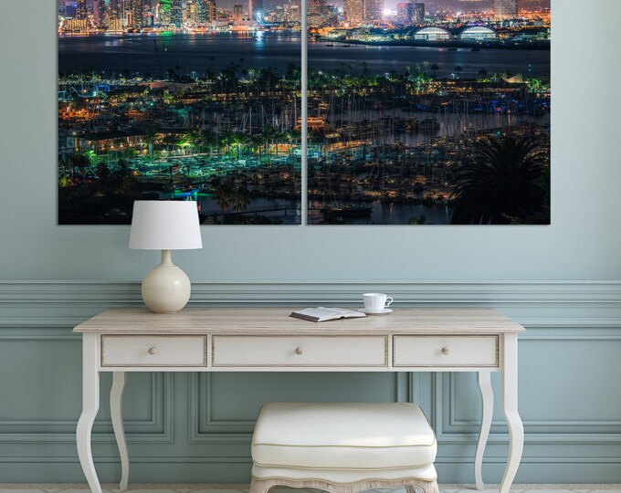 San Diego Bay night art photo print, San Diego at night wall art, cityscape modern decor on canvas, San Diego skyline contemporary wall art