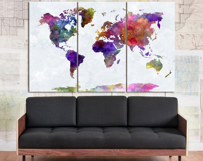 Colorful World Map art Canvas Poster Set, Watercolor World Map Print of 1,3,4 or 5 Panels, Living Room Panel Art, Canvas Print, Purle Map