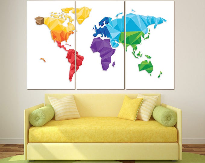 Large Geometric Colorful World Map Panels Set Print, Abstract Wall Art 3,4 or 5 Panels colorful rainbow world map canvas for home decoration