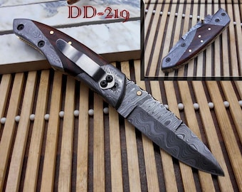 8" long Damascus steel custom made Folding Knife with pocket clip, Wood & Damascus scale 3.5" Hand Forged blade cow hide leather sheath