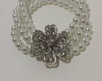 Sparkling Flower on Triple Pearl Strand