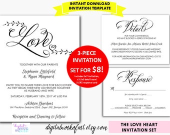 Wedding Invitation Template, Love, Heart , DIY Rustic Wedding Invitation Printable Set, digital instant download, editable PDF,