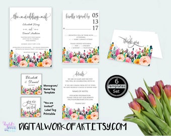 Wedding Invitation Template, DIY Floral Bohemian Wedding Invitation Set Printable,Editable Wedding Invite, PDF instant download, boho,