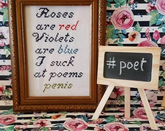 Roses are Red....Penis framed cross stitch