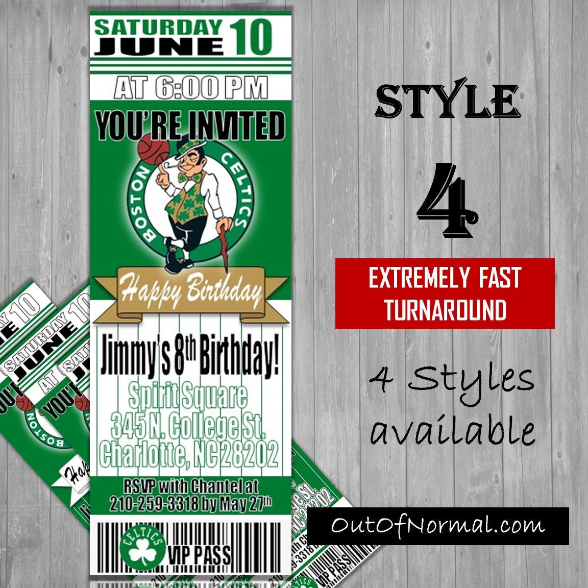 Boston Celtics Themed Birthday Invitation Tickets NBA