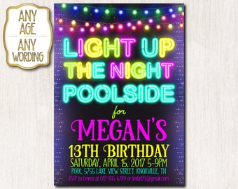 Pool party invitation, Neon birthday party, 13th Neon birthday invitation, Neon String lights, Teen birthday invitation, ANY AGE - 1599