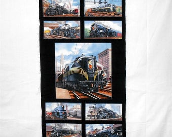 Trains "ALL ABOARD" Fabric Panel/Locomotive/Engine/Train Tracks/Steam/Outdoors/Boys/Kids/Men- approx. 24" x 43" (#O81) Elizabeth's Studio