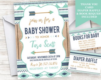 Aztec Boy Baby Shower Invitation Invite Tribal Indian Arrows Personalized Blue Digital 5x7 Sprinkle