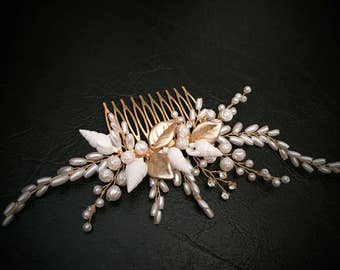 Gold Leaves Bridal Hair Comb, Seashell Hair Comb, Bridal Hair Piece, Wedding Hair Comb, Freshwater Pearl Headpiece