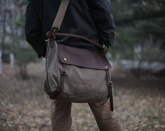 Gray Canvas Messenger bag/ Leather Messenger Bag/ Canvas Laptop Bag/ Canvas Briefcase/Canvas Shoulder Bag/Men's Canvas Bag/Father's Day Gift