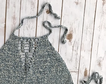 Denim Crop Top, Crochet Crop Top, Caged Crop Top, Cutout Halter, Upcycled Clothing, Boho Crop Top, Womens Crop Halter, Recycled Denim