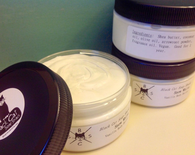 Snow White Unscented or Tahitian Vanilla Body Butter - Whipped Lotion, Winter Beauty, Vegan Moisturizer