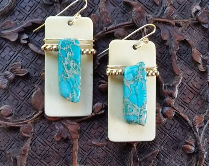 Tickle the Ivorie Featuring Ivory off of Piano Keys. They are Adorned with Turquois Sediment Jasper and 14K Gold Filled Wire.