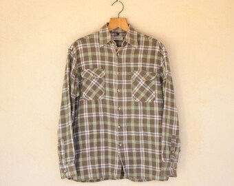 Khaki Double Chest Pocket Checked Flannel Shirt - size Medium