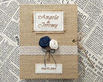Rustic Wedding Guest Book,Burlap Wedding Guest Book with Navy Blue Rose and Brown Rose,Custom Guest Book for Rustic Wedding.