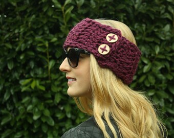 Dark Purple Button Ear Warmer, Neck Warmer