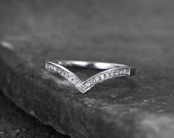 Sterling silver ring/Cubic Zirconia wedding band/CZ wedding ring/stackable ring/Matching band/white gold plated/Curved V Chevron ring