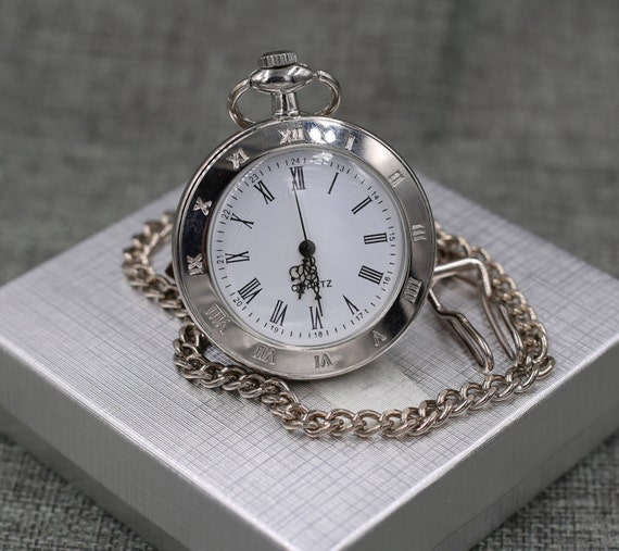 Elegant Quartz Pocket Watch Silver Chrome by PocketWatchEngraved