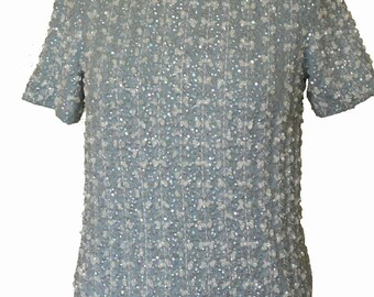 Vintage 1960s Tricoville beaded pale blue wool jersey short sleeve jumper size 38 / UK size 10