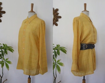 Shirt, blouse, Christian Dior unisex, long sleeves, yellow, vintage Plaid, made in France, size 42 FR UK 14 US 10, L, paris