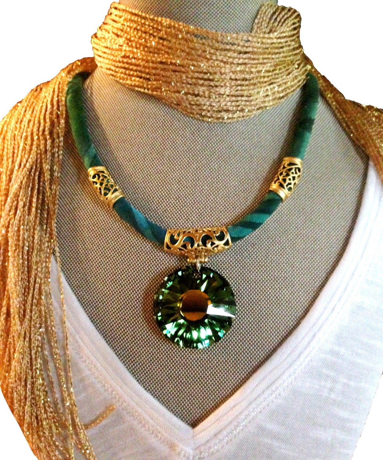 Green and Gold Swarovski Necklace Silk Cord