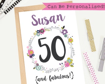 50th Birthday Card/Personalised/Customisable/Greeting Card/Illustrated/Blank/Female/Keepsake