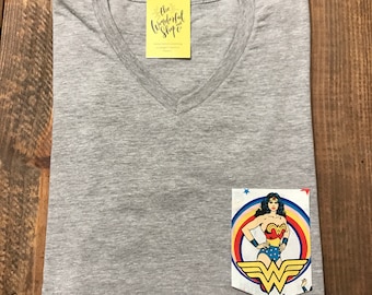 DC Comics Wonder Woman | Vintage | Custom Pocket Tee | T-shirt| V-neck | Shirt | Onesie | Bodysuit| Family | Mens | Womens | Kids | Baby