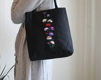 Black handmade bag Unique flowers bag Flowers on fabric Fabric shoulder bag Gift for her Black purple handbag Ladies handles bag Embroidered