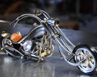 miniature motorcycle to number 14 recycled metal art