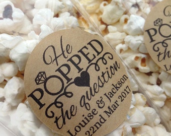 12 x He popped the question stickers, popcorn favour stickers, engagement popcorn favour labels, Popped the question 035