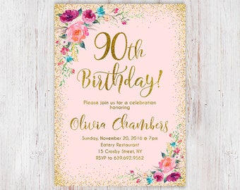 Any Age Women Birthday Invitation, 90th Birthday Invitation, Floral Pink and Gold Women Birthday Invitation, Boho Birthday Invite 112