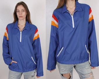 80s Windbreaker Jacket // Vintage Blue Striped Jacket Pullover Mens Womens - Medium to Large
